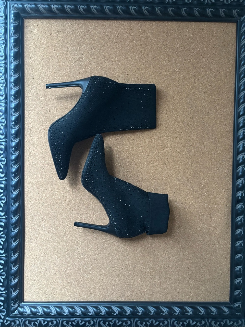 Black Rhinestone Stretch Sock Ankle Heeled Boots